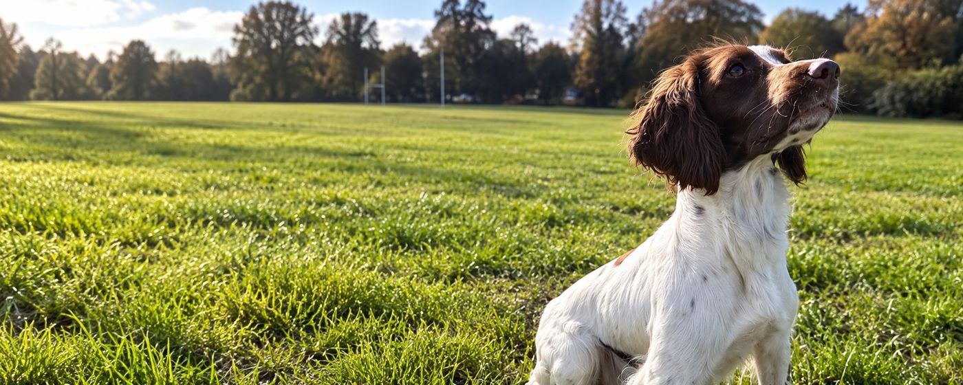 Spaniel sitting in a field
